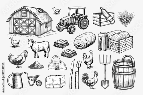 Vintage farm illustration featuring barn tractor livestock and harvest elements