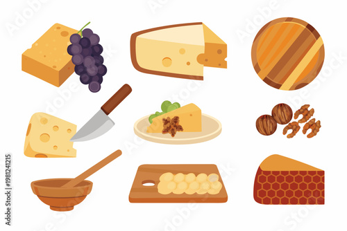 A colorful arrangement of cheeses grapes honey and accompanying snacks