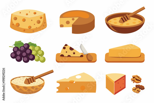Assorted cheeses grapes and honey presented in a colorful illustration