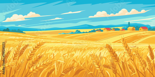 Golden wheat fields stretch towards distant mountains under a blue sky