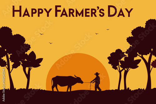 Happy farmer s day illustration with a farmer cow and sunset scene