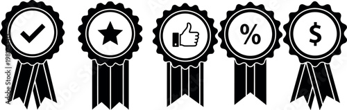 Black and white ribbon badges with icons quality star like percent and dollar