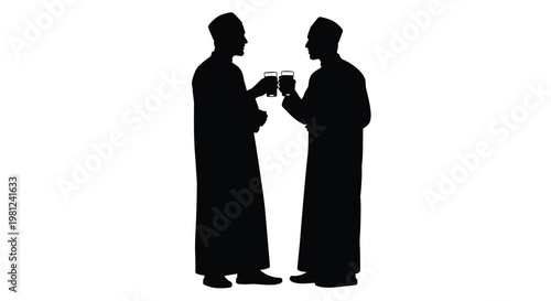 Two men in traditional attire toasting glasses a striking silhouette
