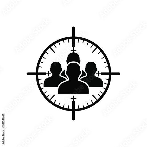 A black and white graphic depicts a target reticle containing silhouettes of four people s heads and shoulders high quality