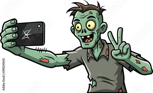 Cartoon zombie selfie character with smartphone cracked screen making peace sign in torn gray shirt