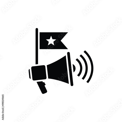 A black silhouette depicts a megaphone alongside a flag with a single white star symbolizing announcement high quality professional
