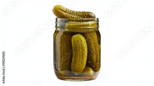 A glass jar filled with dill pickles in brine on a white background gherkins