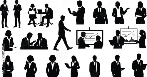 Diverse business professionals engaged in various workplace activities and presentations