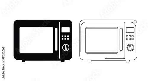 Two microwave oven depictions one black and one outlined silhouette