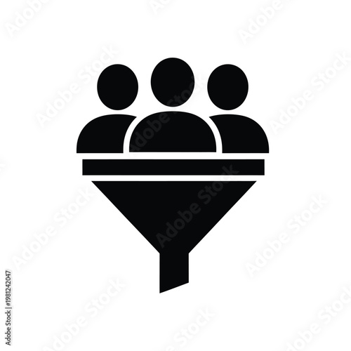 A simple black icon depicts a funnel shape with three silhouetted heads positioned above it high quality professional detailed