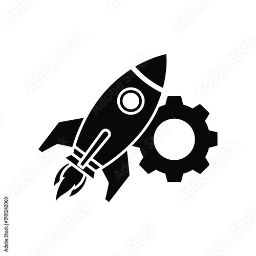 A sleek black rocket ship icon is shown ascending with a gear symbolizing innovation and technological advancement high quality