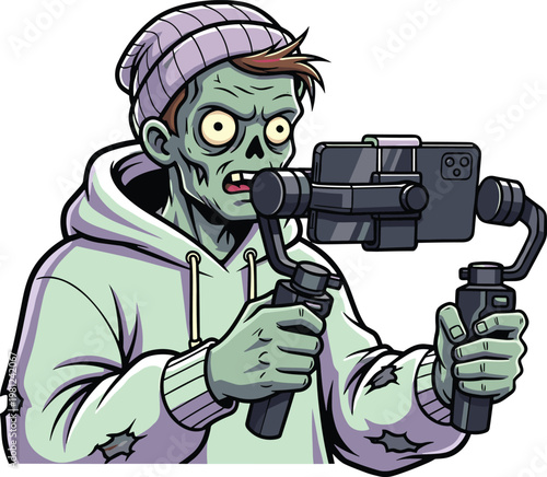 Cartoon zombie vlogger recording video with smartphone stabilizer, wearing hoodie and beanie in humorous digital content theme