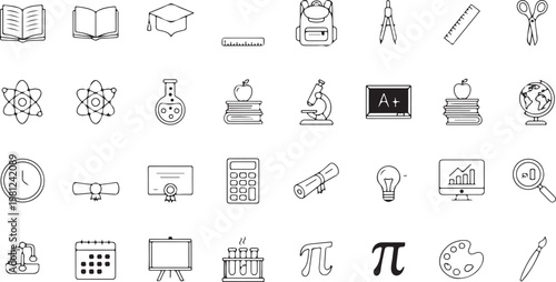 Education and learning icon set Outline vector icons related with education, success, academic subjects and more.