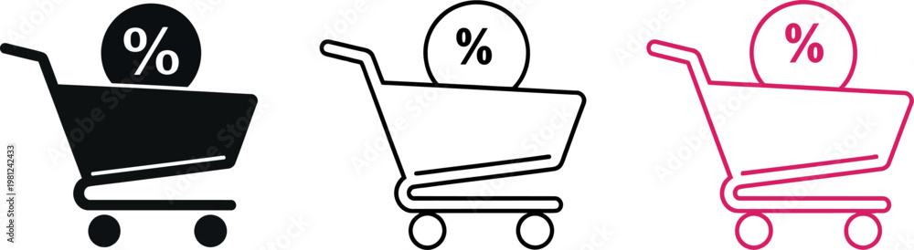 Εκτύπωση καμβά Shopping cart with percentage sign icon set in black white and pink