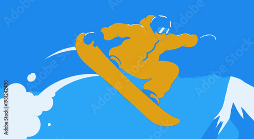 A dynamic illustration of a snowboarder performing an aerial jump against a vibrant blue sky with snowy mountains in the background.