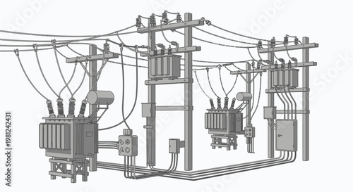 Detailed illustration of an electrical power distribution network with multiple utility poles, transformers, and interconnected power lines.