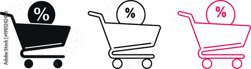 Tableau sur toile Shopping cart with percentage sign icon set in black white and pink