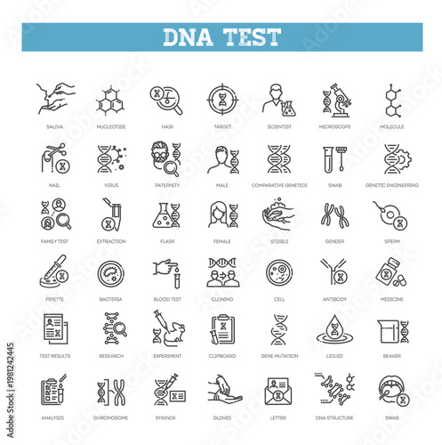 Set of dna test icons. Dna Laboratory Research Set Line Icon