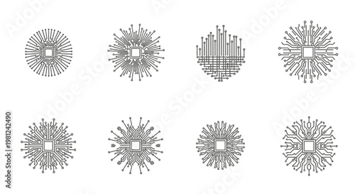Collection of eight minimalist circuit board and microchip designs with radiating lines, representing electronic connections and technology.