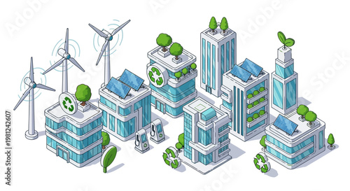Isometric 3d vector illustration set featuring a green eco city map design with urban architecture, residential house construction, and industrial factory buildings surrounded by trees on a real stree