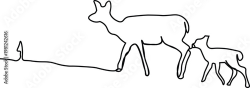 Minimalist single line art illustration of a doe and fawn walking together.