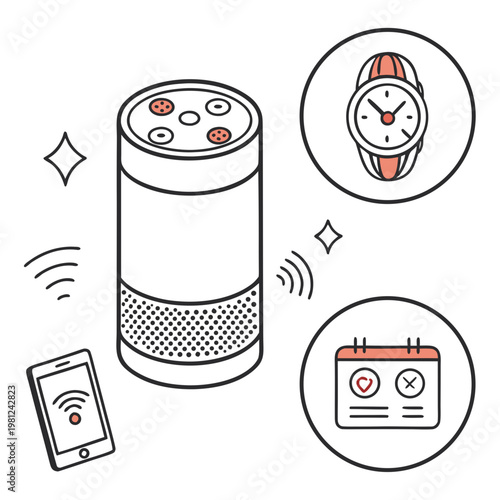 A minimalist illustration depicts a smart speaker smartphone calendar and wristwatch showcasing interconnected digital devices and modern technology high quality professional detailed