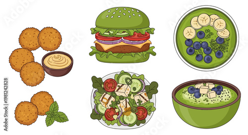 Isolated vector illustration set of Easter eggs with a green ribbon and a fast food snack featuring a beef cheeseburger meal with lettuce, tomato, and cheese on a bun