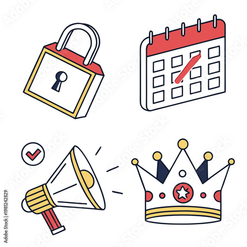 A colorful illustration depicts a padlock calendar megaphone and crown representing security scheduling communication and royalty high quality professional detailed modern elegant