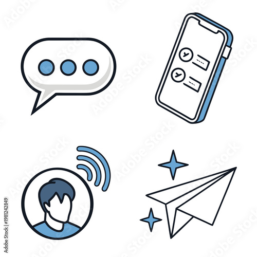 A set of four outlined icons depicts communication concepts featuring a speech bubble smartphone profile and paper airplane high quality professional detailed