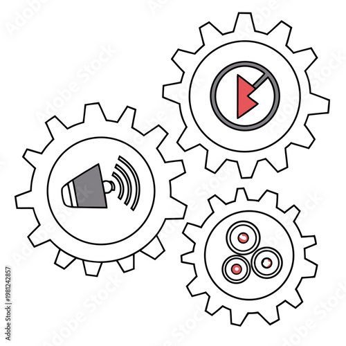 A graphic illustration depicts interconnected gears showcasing symbols for media playback sound and camera functions high quality professional detailed modern elegant stylish