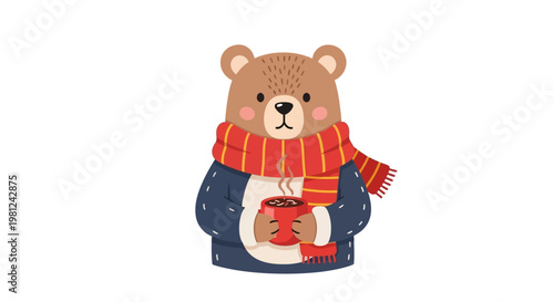 Cute sitting brown teddy bear toy with a red heart and a sweet Christmas hat, a vector illustration gift for a child's Valentine holiday