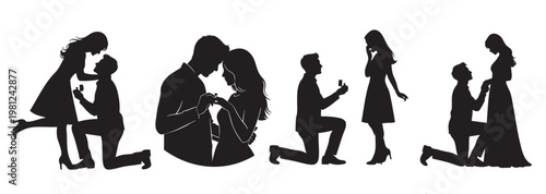 Set of romantic couple silhouettes illustrating proposals and love with silhouette proposal engagement