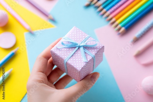 Hand holding a small pink gift box with blue ribbon. Colorful pastel background with colored pencils. Art and craft or birthday celebration concept