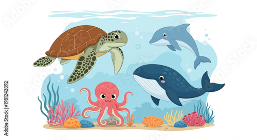 Seamless vector illustration of a cartoon sea animals set featuring a dolphin, shark, octopus, and turtle in a tropical underwater ocean world