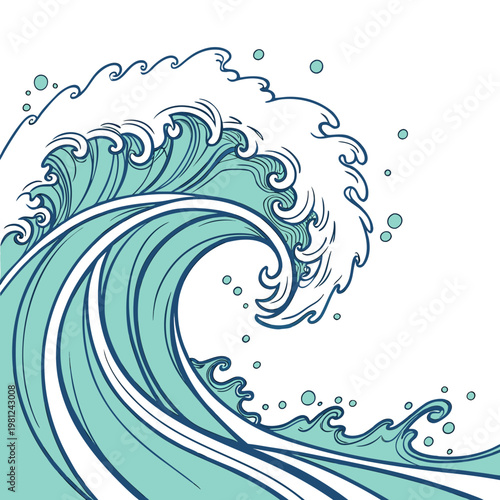 A stylized graphic depiction of an ocean wave curls powerfully showcasing dynamic lines and a serene teal color palette high quality professional