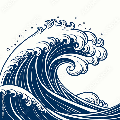 A striking blue and white illustration depicts a powerful ocean wave with swirling crests and dynamic curved lines high quality professional detailed