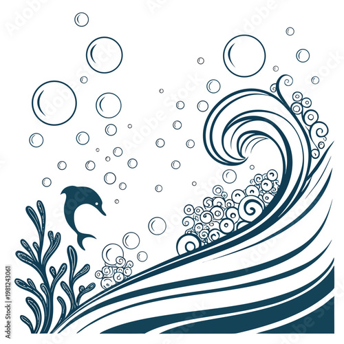 A stylized illustration depicts a playful dolphin swimming near a swirling wave and vibrant underwater vegetation high quality professional detailed modern elegant