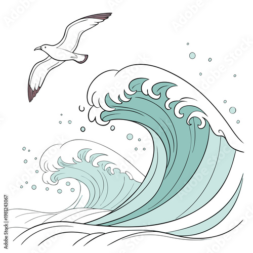 A stylized illustration depicts a seagull in flight above swirling ocean waves rendered in a minimalist color palette high quality professional detailed
