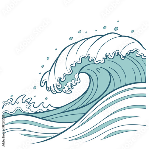 A stylized illustration depicts a powerful ocean wave with white foam cresting evoking a sense of dynamic movement and natural energy