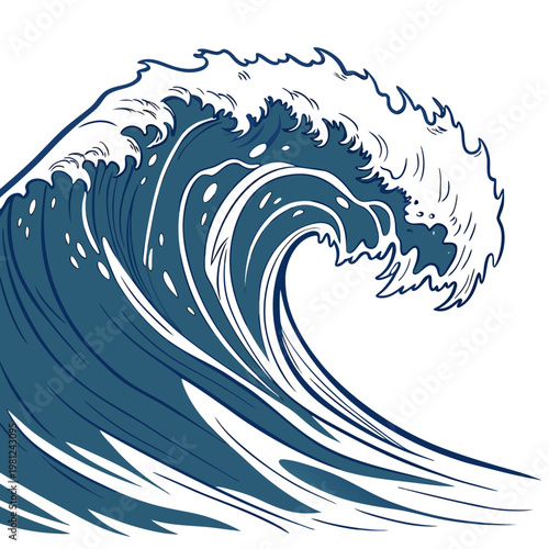 A stylized deep blue ocean wave curls dramatically to the right showcasing a powerful and dynamic aquatic form with white foam