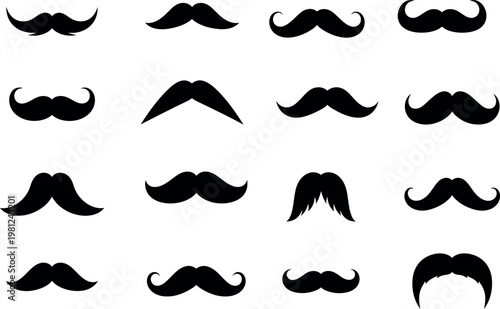 Collection of diverse mustache silhouettes in black and white