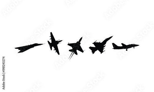 Set of military airplanes vector silhouettes illustration with various fighter jet line art