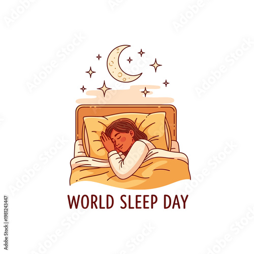 A peaceful illustration of a person sleeping soundly in bed under a crescent moon and twinkling stars, celebrating World Sleep Day.