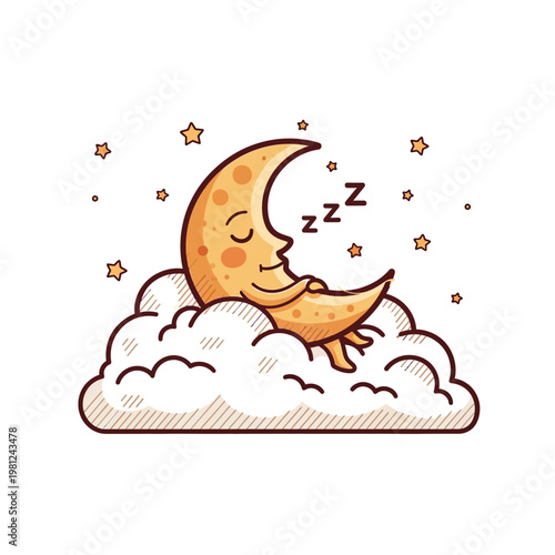 A cute cartoon moon sleeping peacefully on a fluffy cloud surrounded by twinkling stars, depicting a serene night scene.