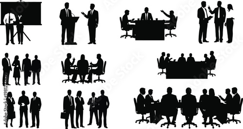 Diverse professional meeting and presentation silhouettes in various business settings