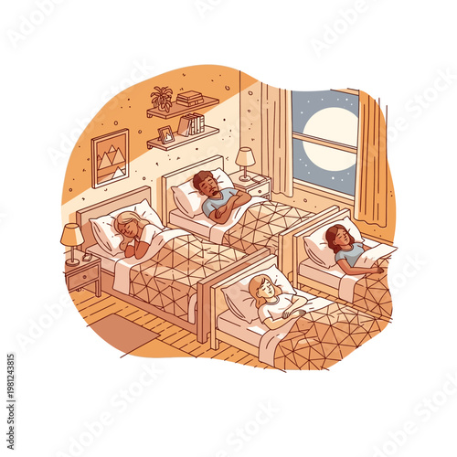 Four diverse people sleeping peacefully in separate beds in a shared room at night, illuminated by moonlight.