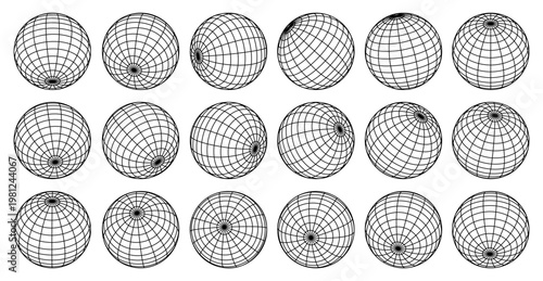 Wireframe 3D sphere set with grid lines. Abstract geometric globe, mesh structure, latitude longitude circles, minimal line design with editable stroke path