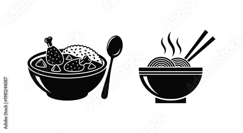 Black and white illustration of curry and ramen bowls a striking silhouette
