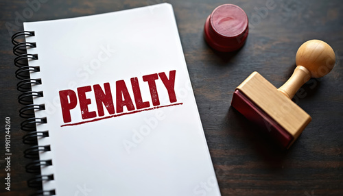 Red penalty stamp on white paper notebook page. Wooden stamper and ink pad sit on dark wood desk. Legal concept of fine or punishment for violation.
