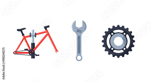 Bicycle repair tools and parts with red frame wrench and gear